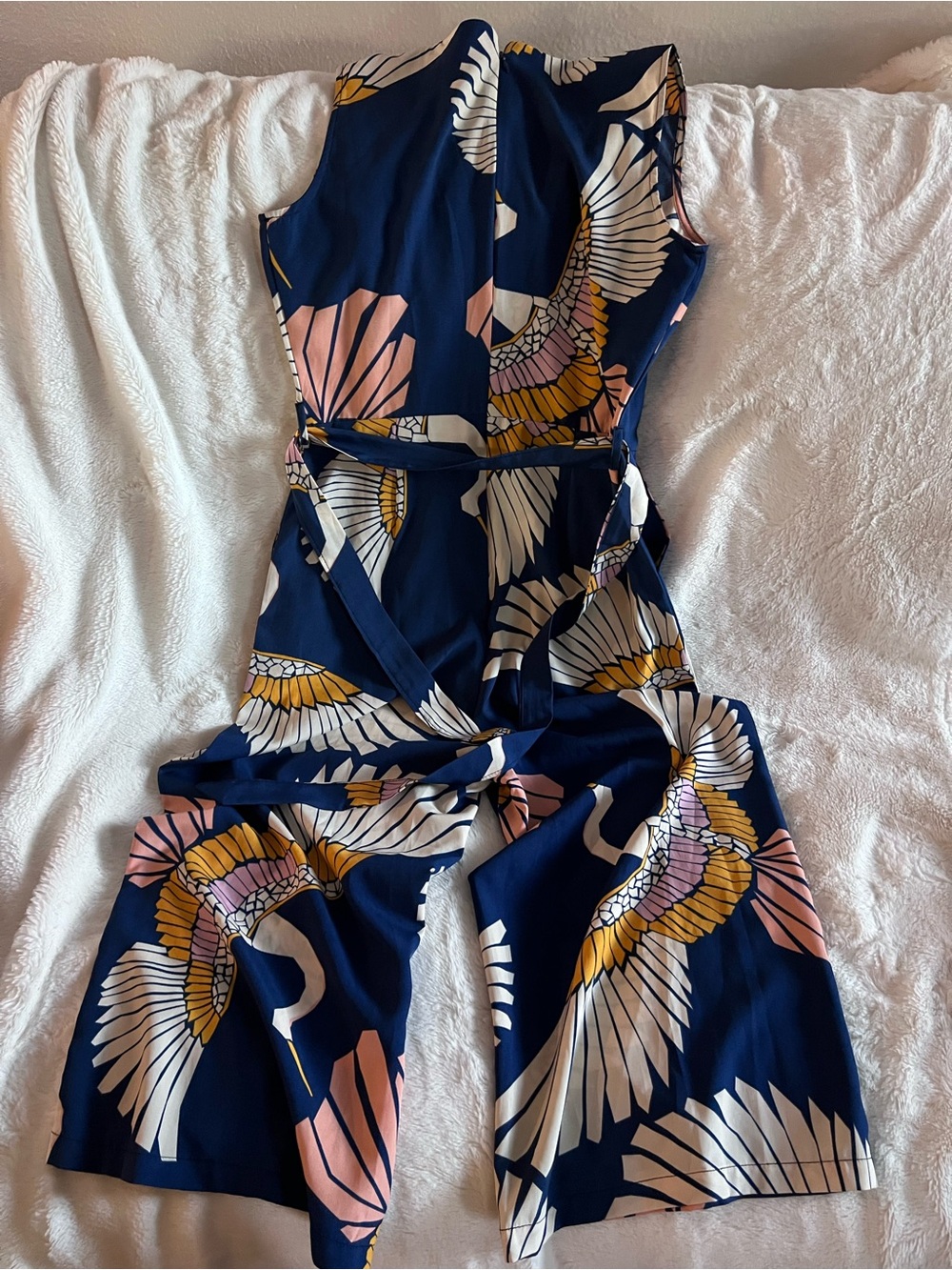 Navy Floral Crane Print Wide-Leg Jumpsuit